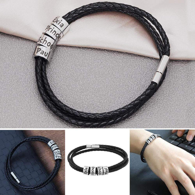 Father's Day Gift Men's Leather Bracelet with Small Custom Beads