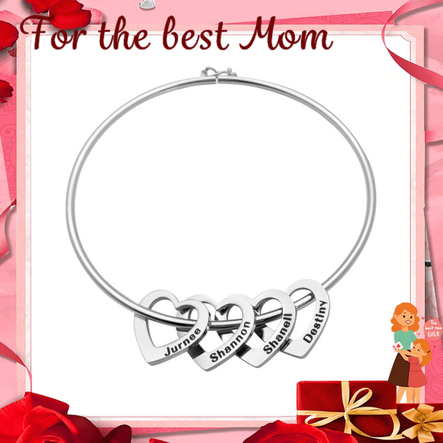 Mother's Day Gift Family Bangle Bracelet with Heart Shape Pendants