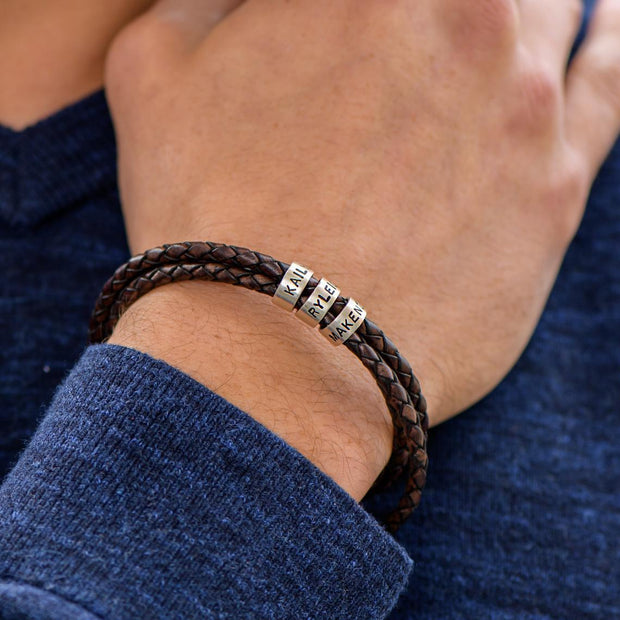 Father's Day Gift Men's Leather Bracelet with Small Custom Beads