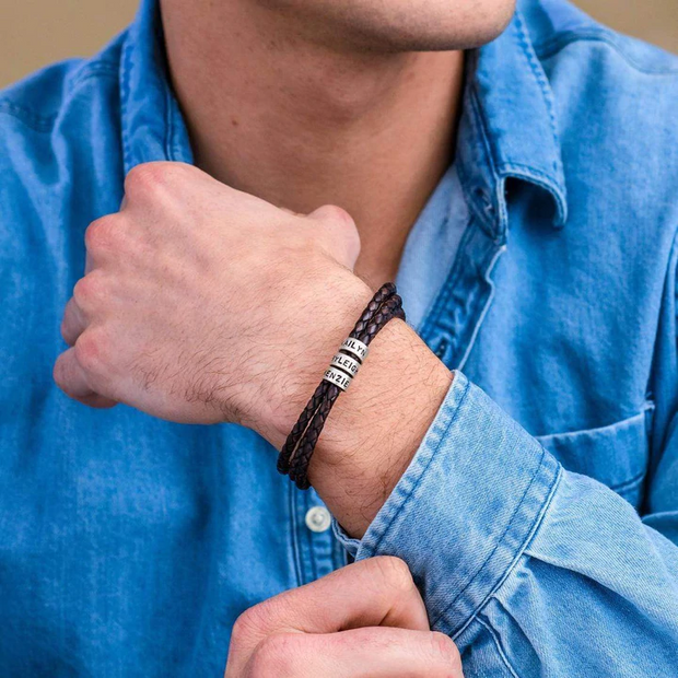 Father's Day Gift Men's Leather Bracelet with Small Custom Beads